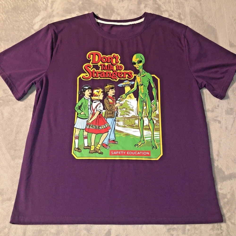 Romwe Don't Talk To Strangers Purple Unisex‎ T-Shirt Size Large Alien Safety Ed